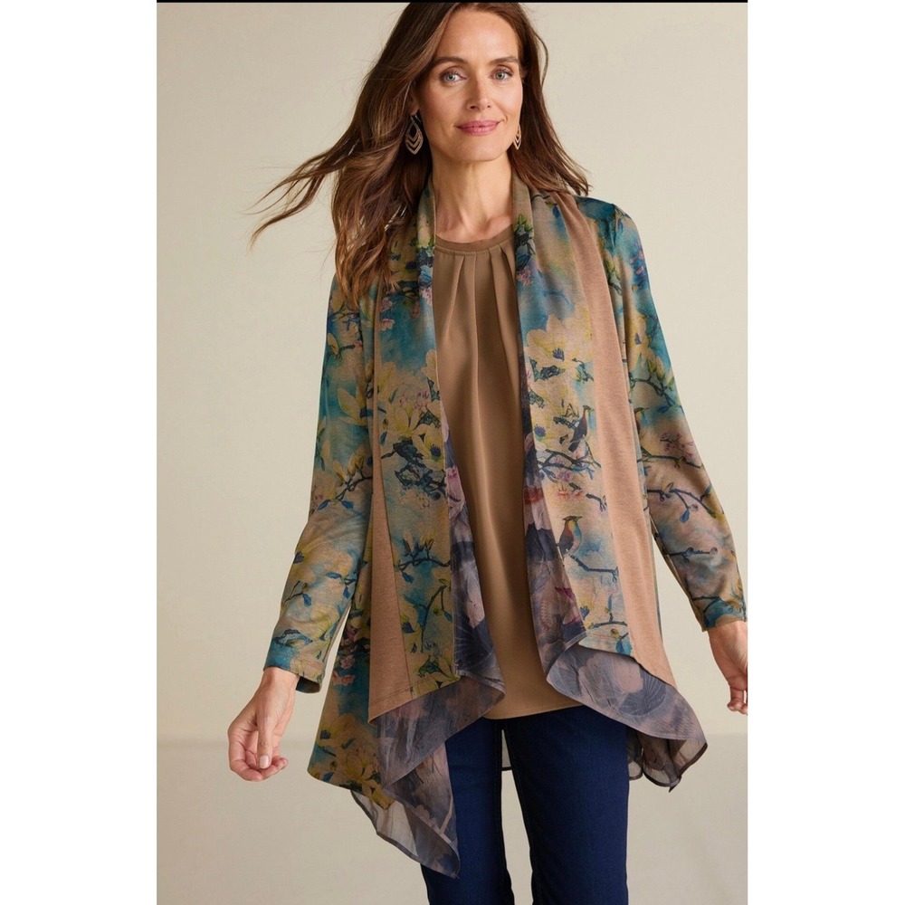 Soft Surroundings Bird Floral Mixed Media Open Cardigan SBZ08 Tan 3X Boho Earthy